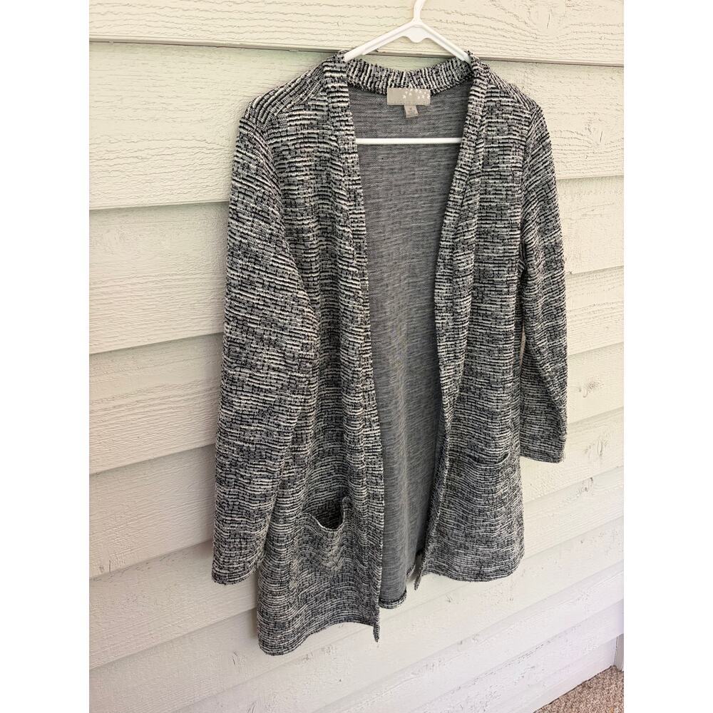 Carolyn Taylor Open Front Marled Cardigan Sweater | Black White | Size M - Picture 3 of 8